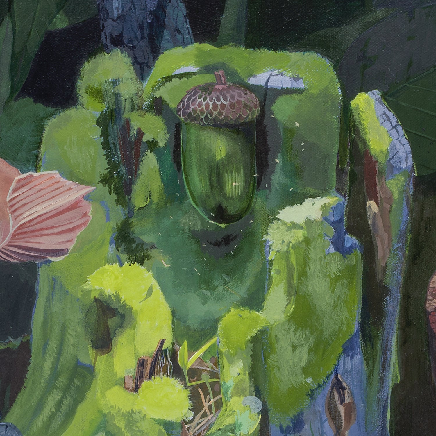 A detail of an art print featuring a forest floor scene with monarch butterflies, mushrooms, and green moss.
