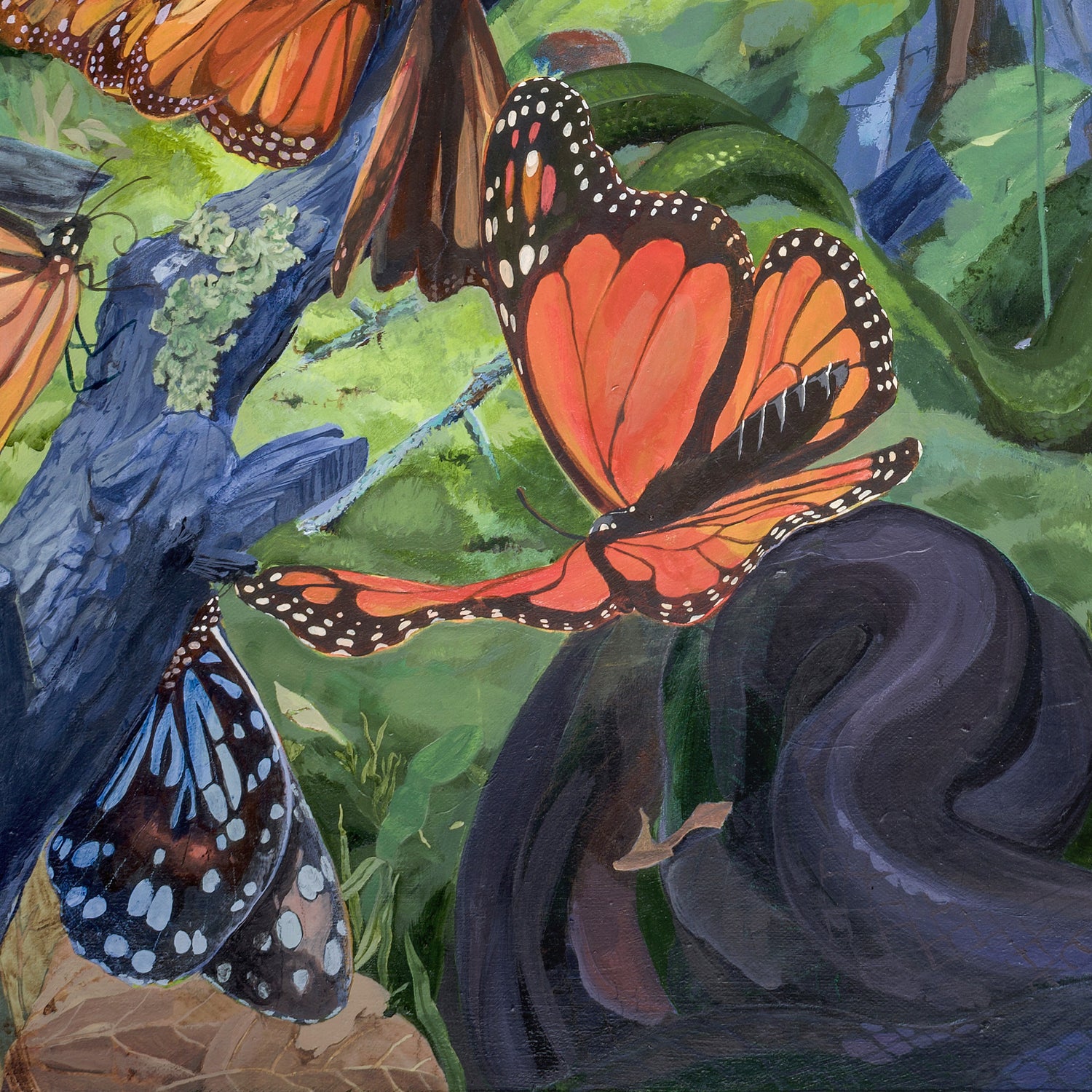 A detail of an art print featuring a forest floor scene with monarch butterflies, mushrooms, and green moss.