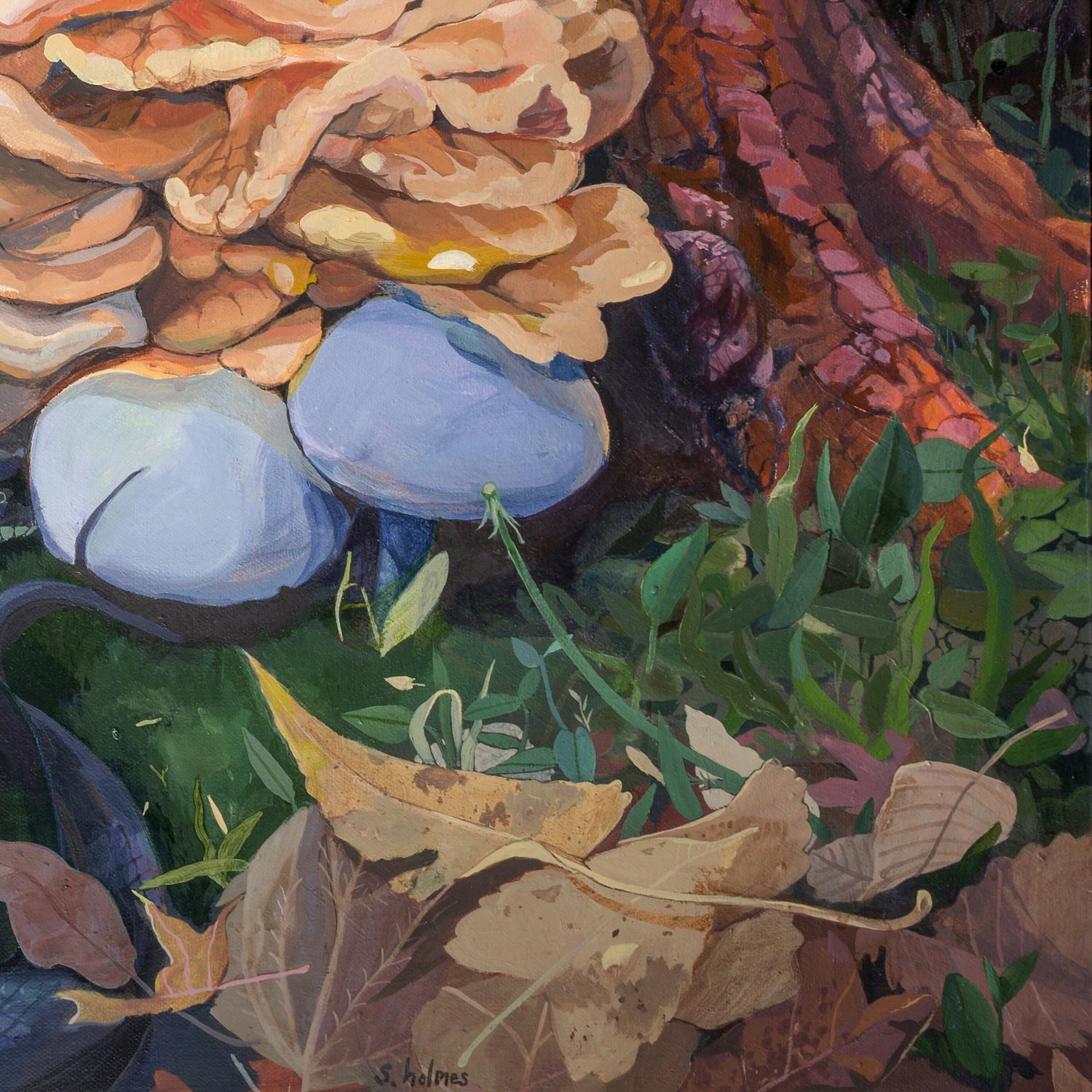 A detail of an art print featuring a forest floor scene with monarch butterflies, mushrooms, and green moss.