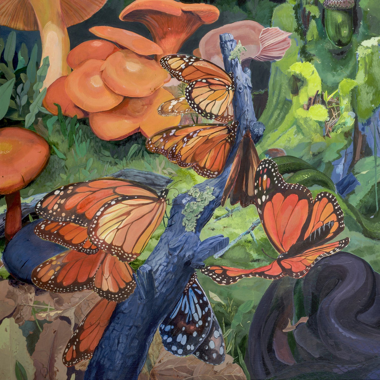 A detail of an art print featuring a forest floor scene with monarch butterflies, mushrooms, and green moss.