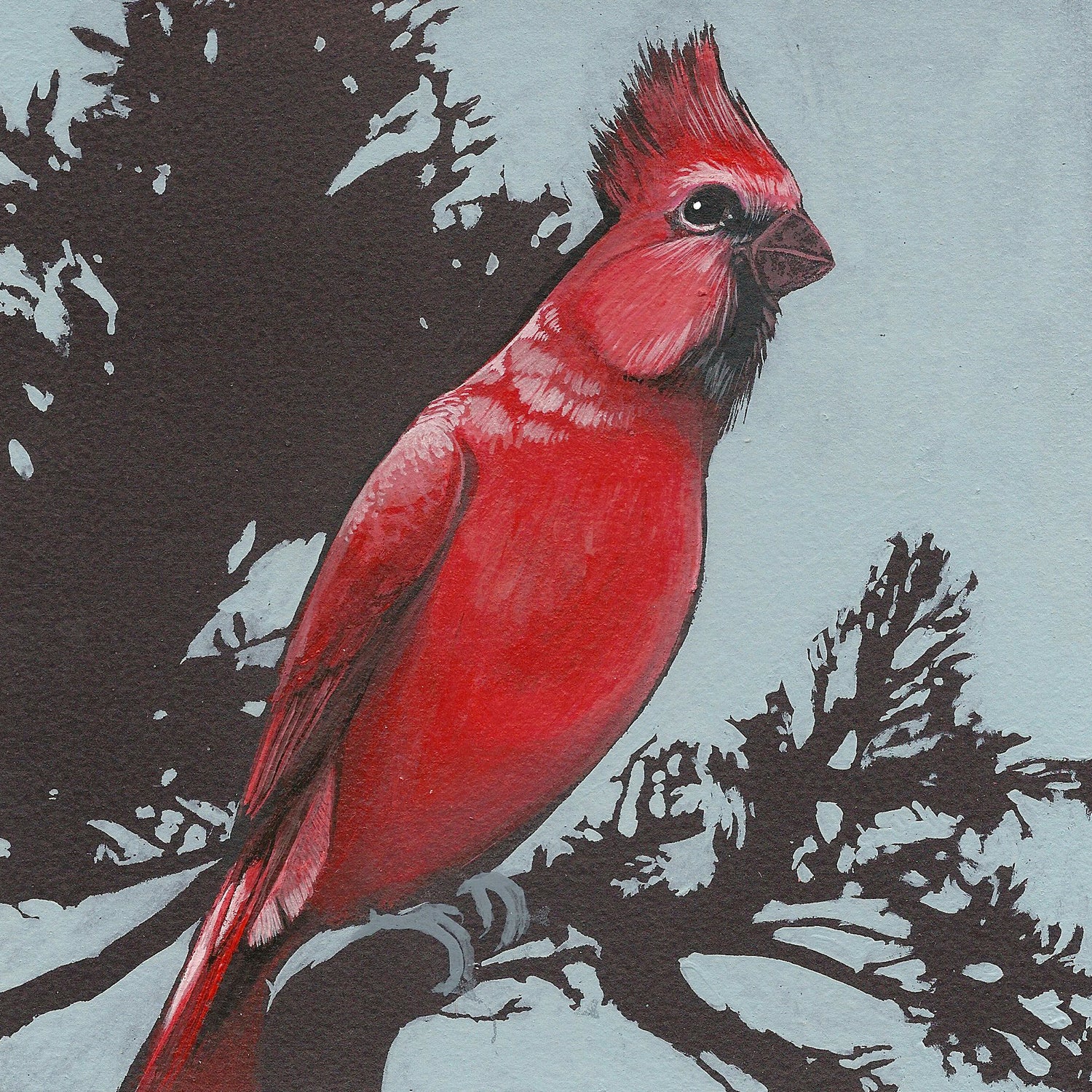 An art print of a red northern cardinal sitting on a branch.